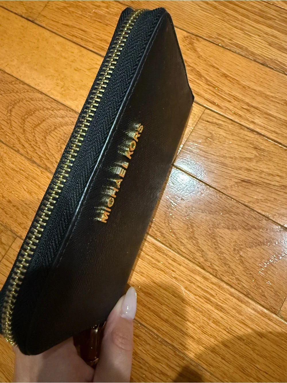 Michael Kors Black Saffiano Leather Zip Wristlet Wallet with Gold Hardware